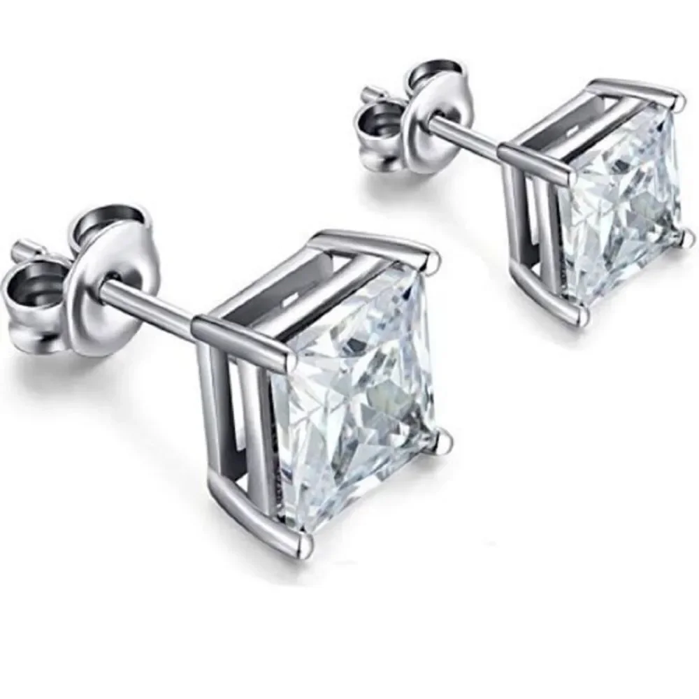 Renaissance 14k White Gold Princess Cut CZ Studs Lab Created Diamond Zirconia